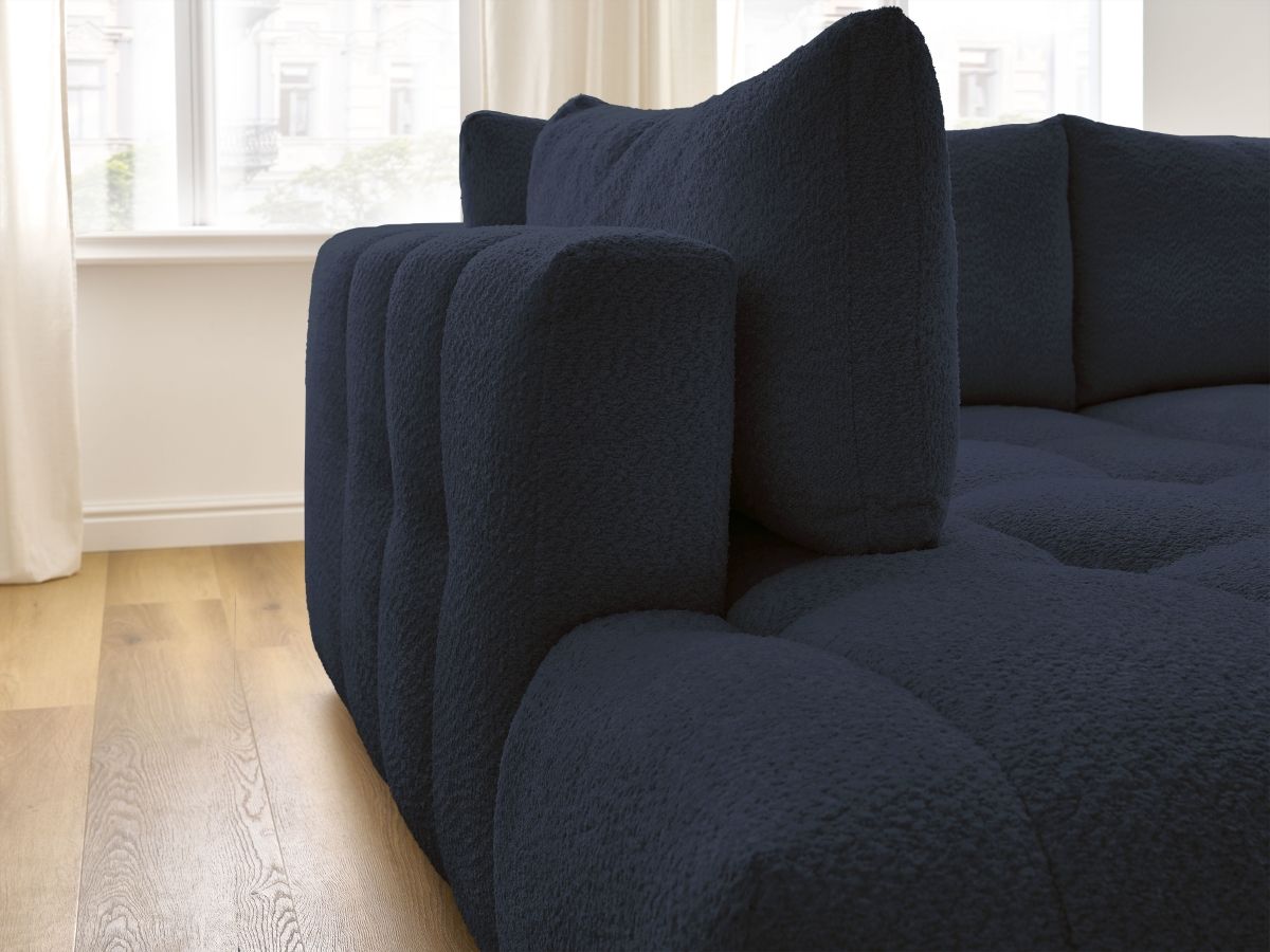 Bobochic Fuji Ecksofa mit Schlaffunktion und Bettkasten und Pouf 282 × 204 cm Bouclé-Stoff Dunkelblau Ecke links