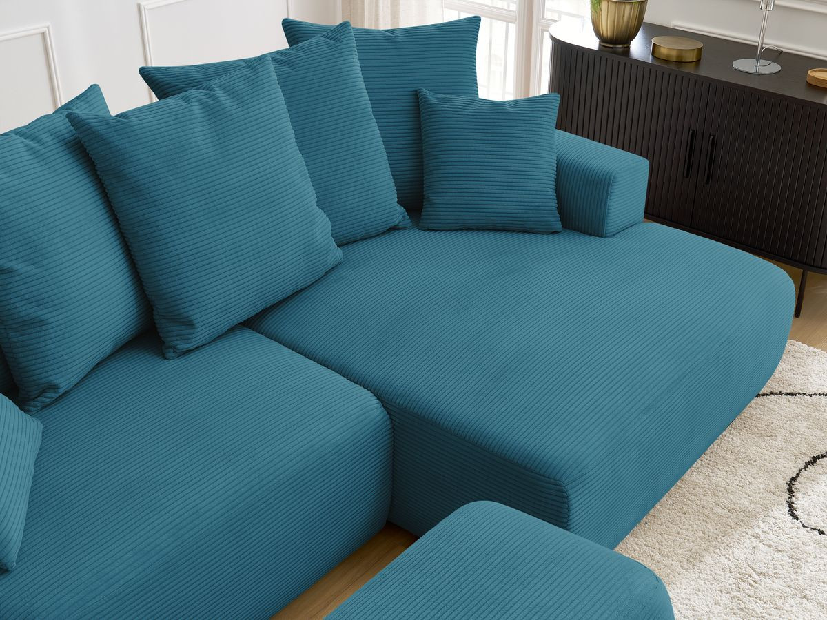 Bobochic Atilla Ecksofa mit Schlaffunktion und Bettkasten und Pouf Cordsamt Hellblau Ecke rechts