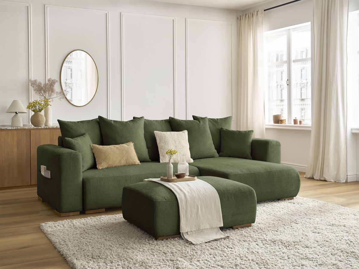 Bobochic Sidonie Ecksofa mit Schlaffunktion und Bettkasten und Pouf Melange-Stoff Grün