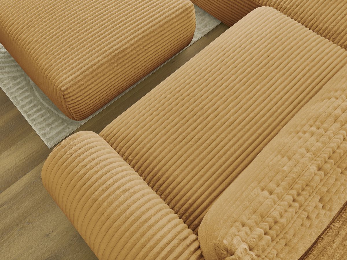 Bobochic Lucien Ecksofa mit Schlaffunktion und Bettkasten und Pouf 296 × 198 cm Breitcord weich Gelb Ecke links