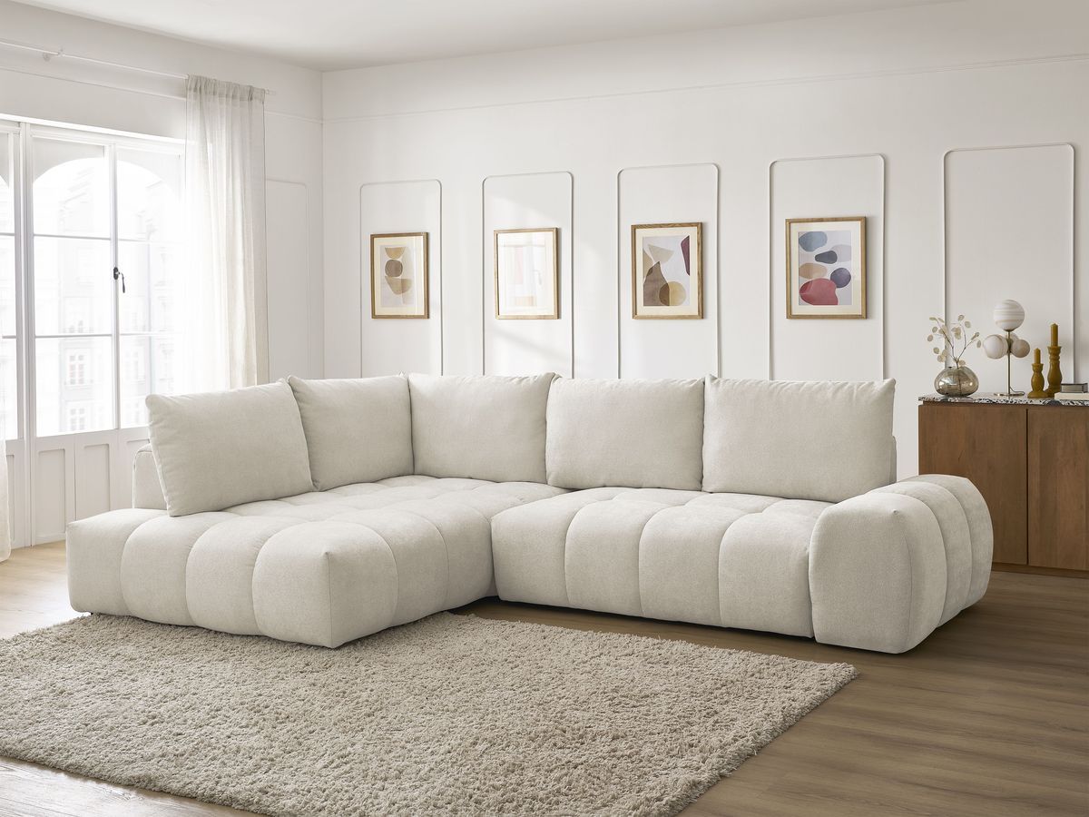 Bobochic Everest Ecksofa mit Schlaffunktion und Bettkasten 320 × 212 cm, 5 Kissen Strukturstoff Beige Ecke links