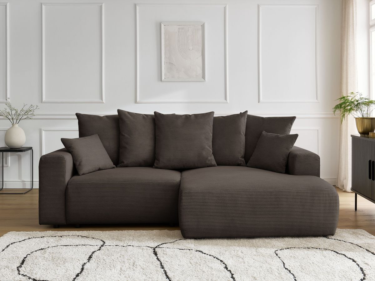 Bobochic Atilla Ecksofa mit Schlaffunktion und Bettkasten Cordsamt Taupe Ecke rechts