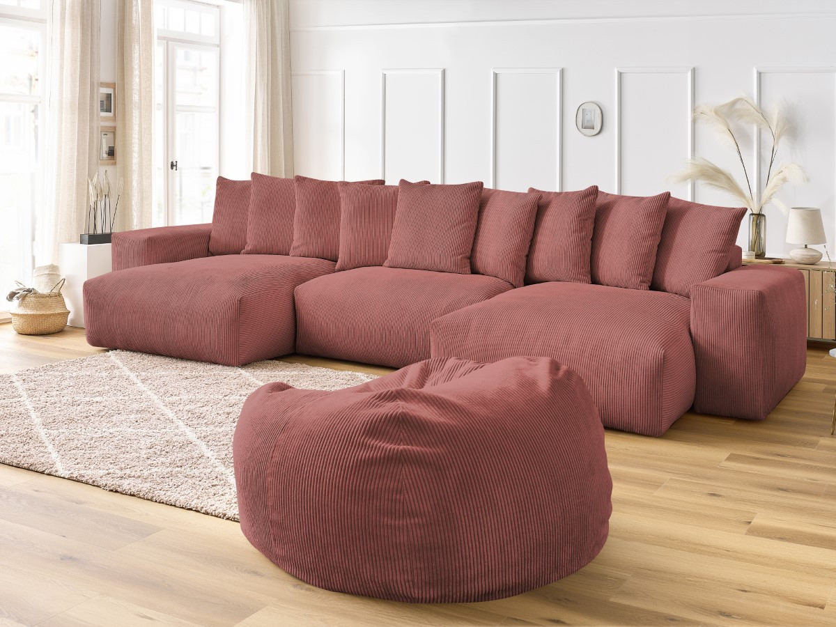 Bobochic Voltaire Wohnlandschaft mit Pouf 420 × 174 cm Cordsamt Rosa