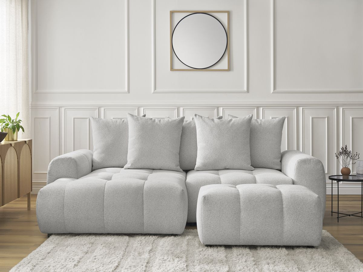 Bobochic Roxelane Ecksofa mit Schlaffunktion und Bettkasten und Pouf 258 × 150 cm Melange-Stoff Hellgrau Ecke links
