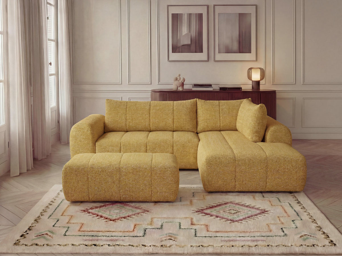 Bobochic Nesty Ecksofa in L-Form, 256 cm, mit Pouf Melange-Stoff Gelb Ecke rechts