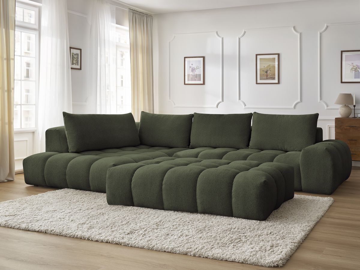 Bobochic Everest Ecksofa mit Schlaffunktion und Pouf, 4 Kissen Melange-Stoff Grün Ecke links