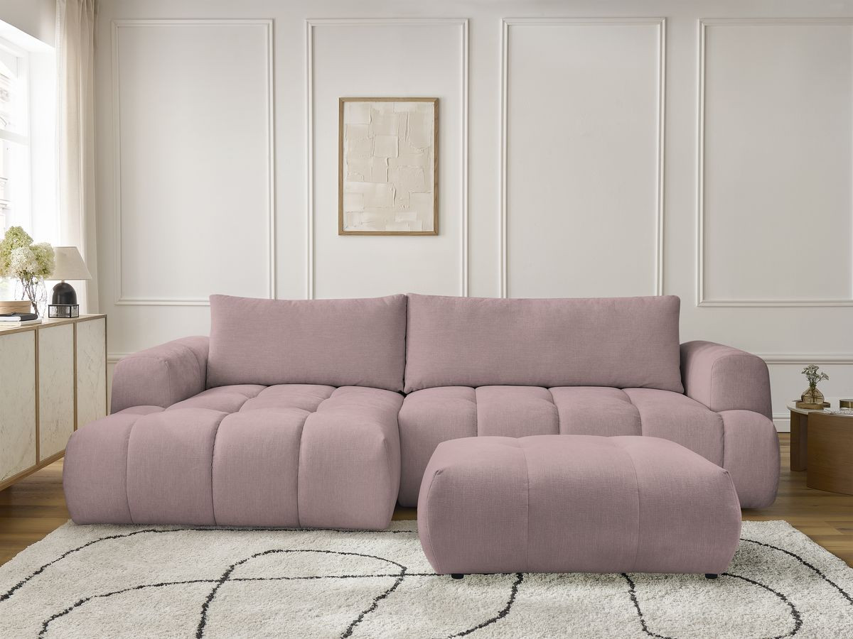 Bobochic Fuji Ecksofa mit Schlaffunktion und Bettkasten und Pouf 292 × 160 cm Stoff Rosa Ecke links
