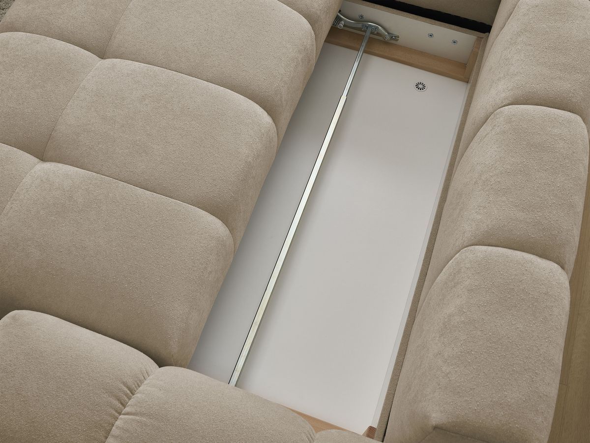 Bobochic Everest Ecksofa mit Schlaffunktion und Bettkasten 320 × 212 cm, 10 Kissen Strukturstoff Taupe Ecke links