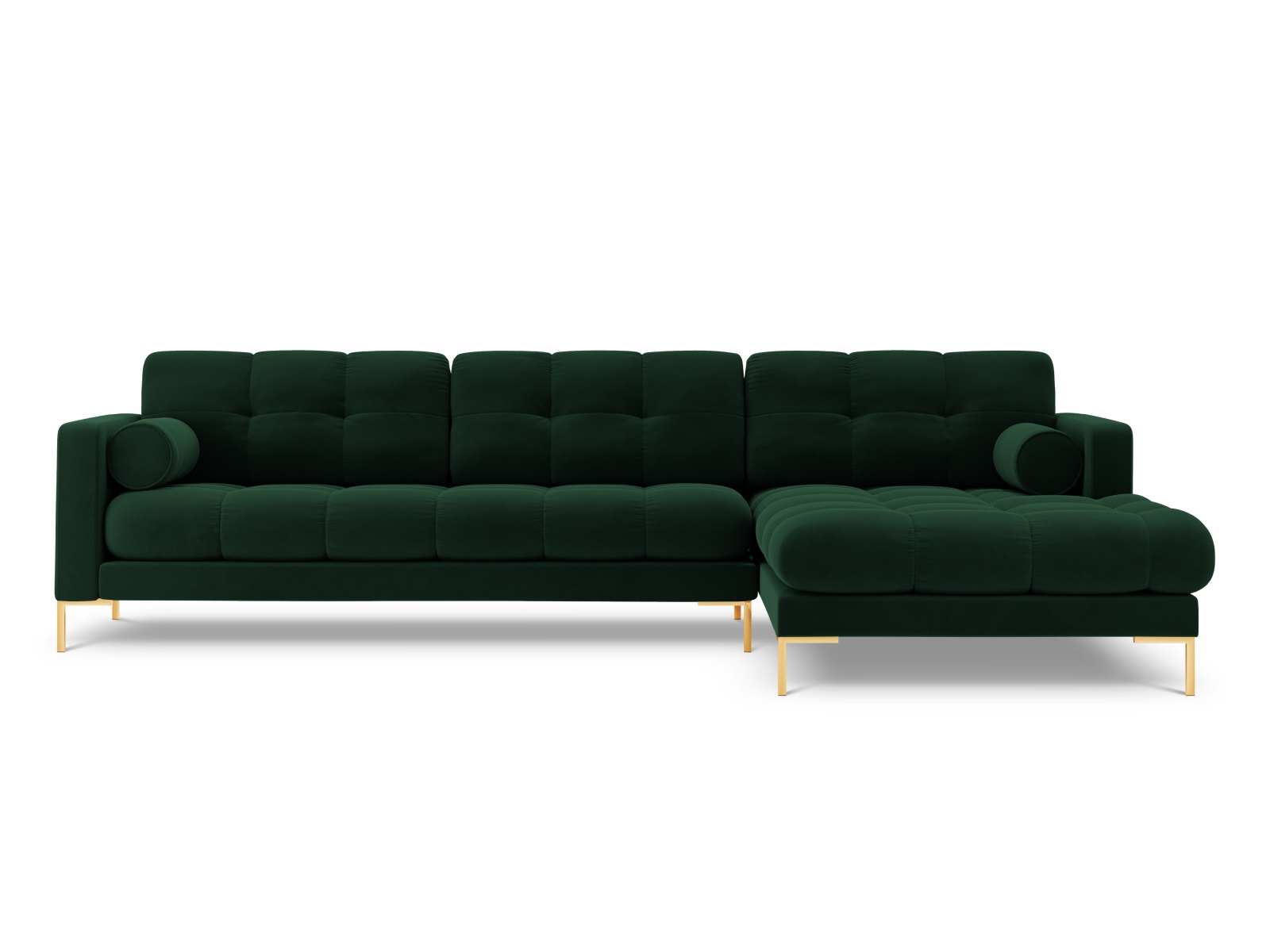Cosmopolitan Design Ecksofa Bali 5-Sitzer Samt Bluvel Flaschengrün Rechts Beine Gold