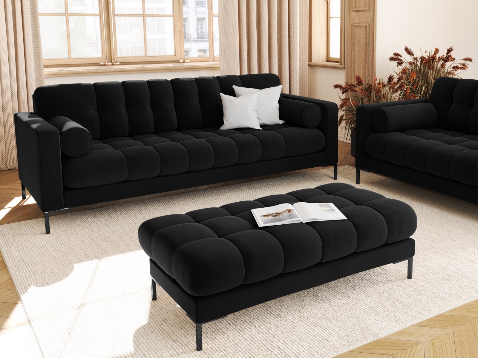 Cosmopolitan Design Sofa Bali 4-Sitzer Samt Bluvel Schwarz Beine Schwarzes Metall