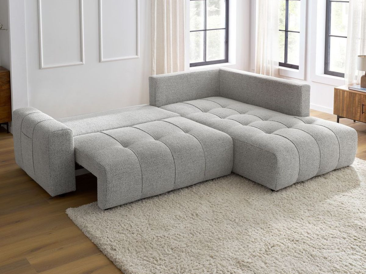 Bobochic Arsene Ecksofa mit Schlaffunktion und Bettkasten 277 × 200 cm Melange-Stoff Hellgrau Ecke rechts