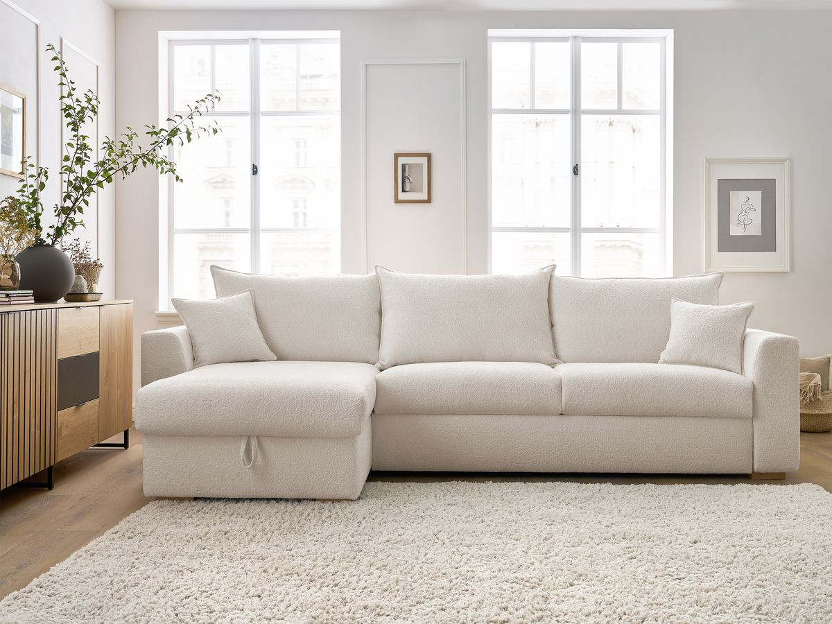 Bobochic Augustin Ecksofa mit Schlaffunktion und Bettkasten Bouclé-Stoff Weiß, Liegefläche 160 × 200 cm