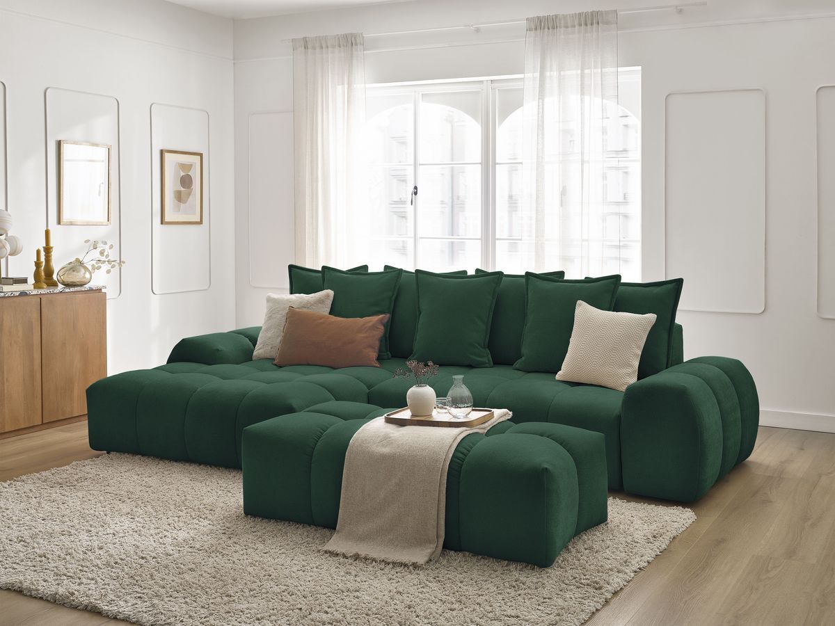 Bobochic Everest Ecksofa mit Schlaffunktion und Bettkasten und Pouf 318 × 180 cm, 7 Kissen Strukturstoff Grün Ecke links