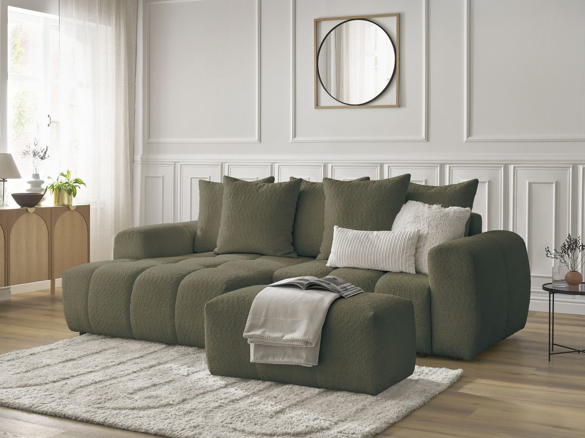 Bobochic Roxelane Ecksofa mit Schlaffunktion und Bettkasten und Pouf 258 × 150 cm Bouclé-Stoff Grün Ecke links