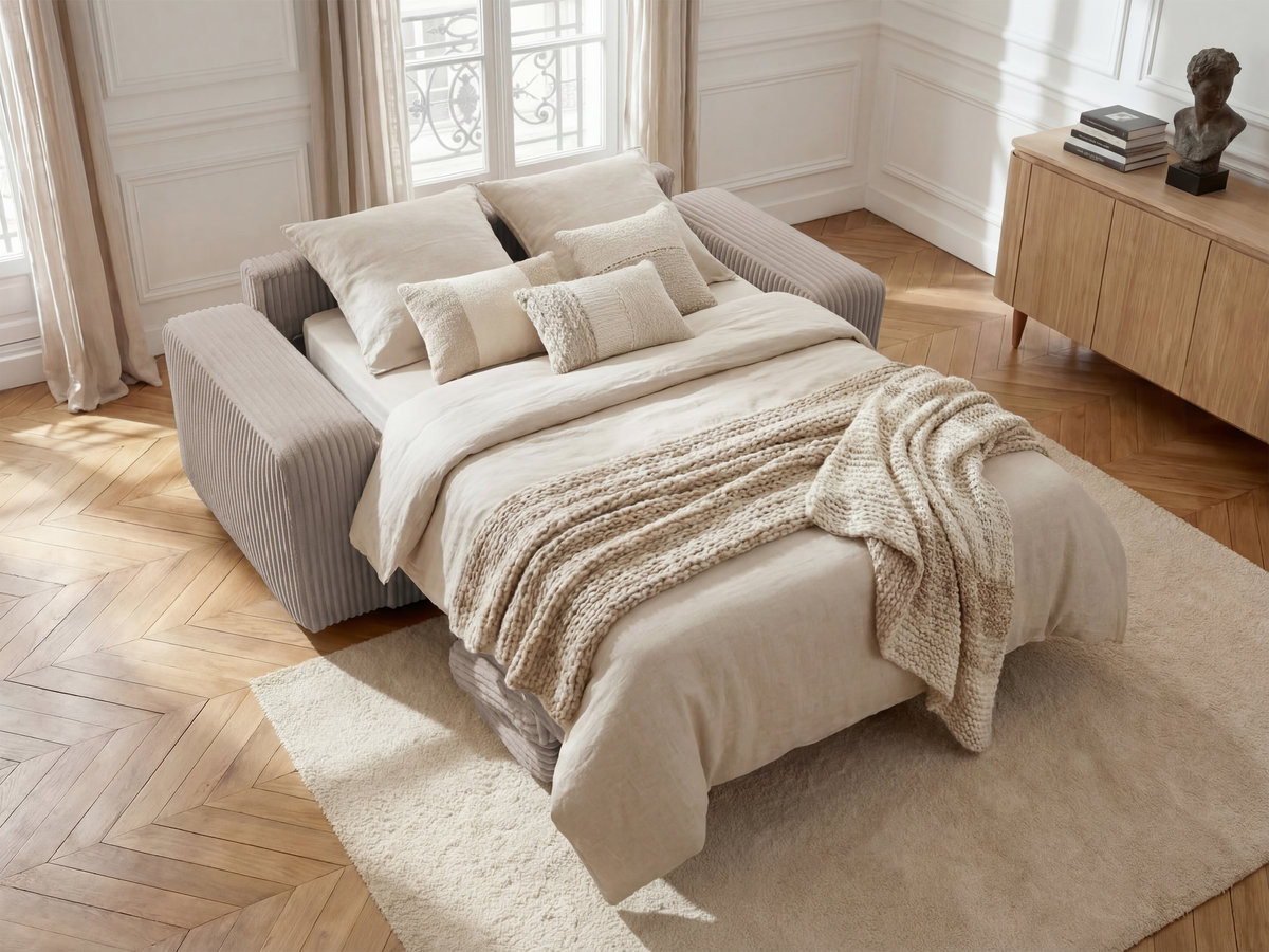 Bobochic Ibiza Schlafsofa 3-Sitzer Cordsamt Taupe, Liegefläche 140 × 196 cm