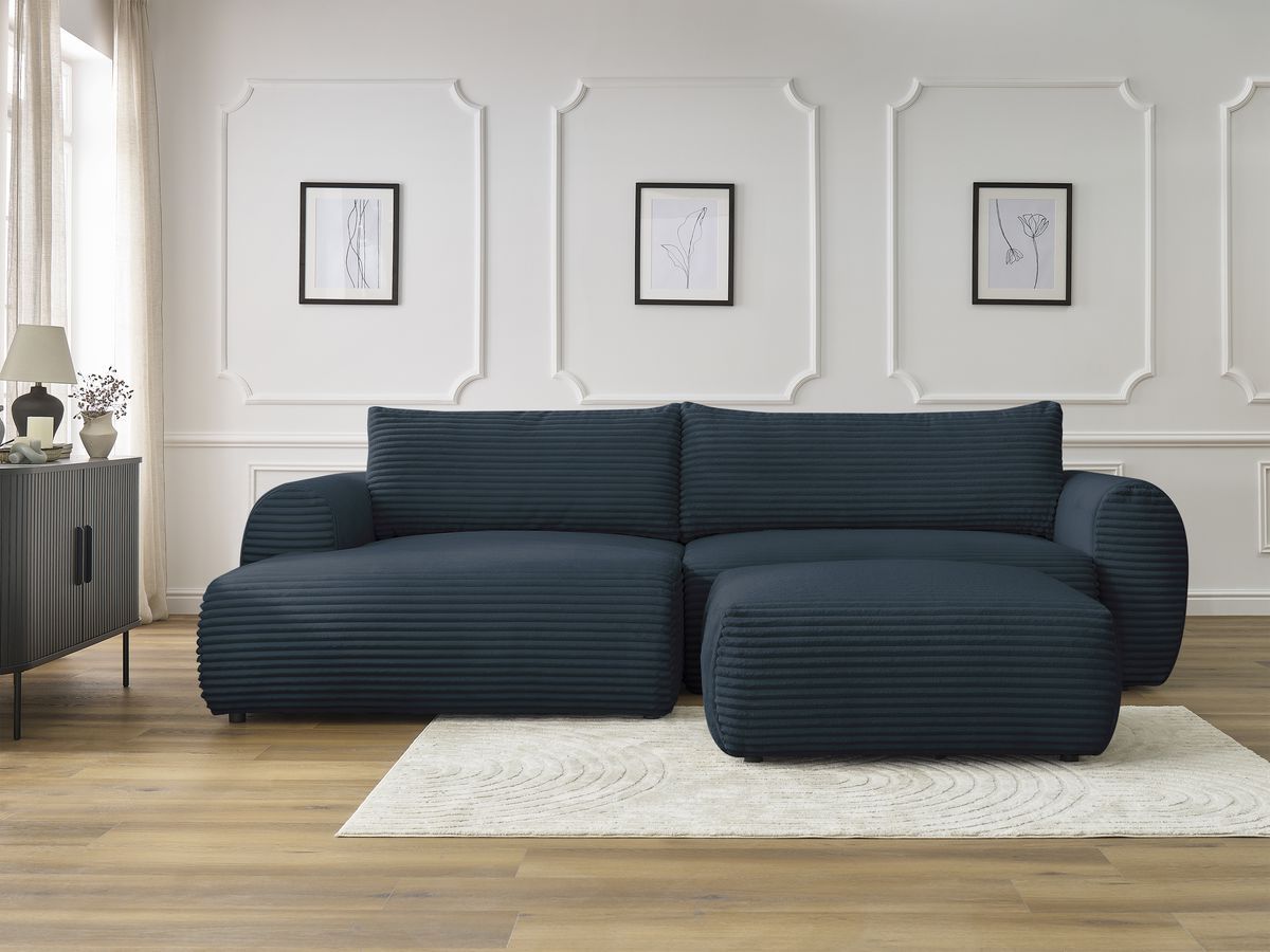 Bobochic Lucien Ecksofa mit Schlaffunktion und Bettkasten und Pouf 314 × 167 cm Breitcord weich Dunkelblau Ecke links