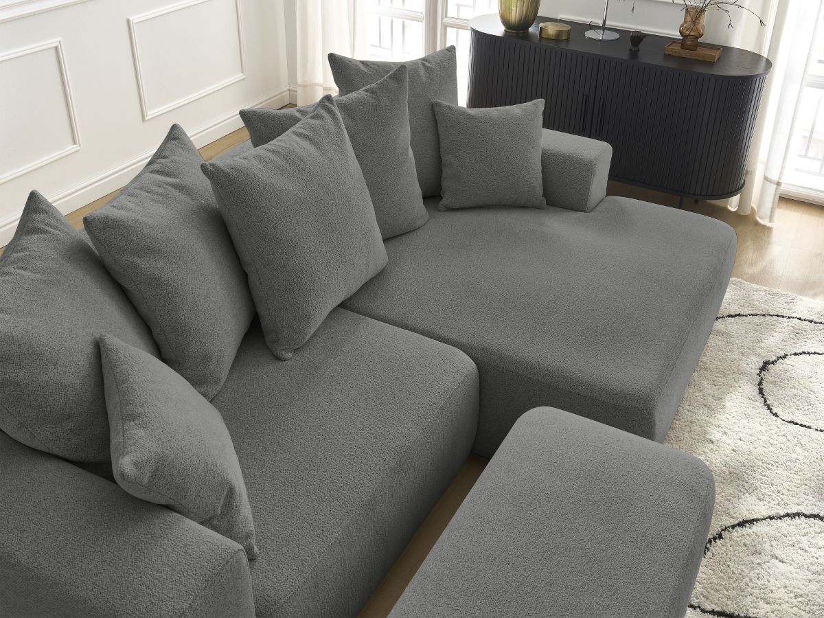 Bobochic Atilla Ecksofa mit Schlaffunktion und Bettkasten und Pouf Melange-Stoff Dunkelgrau Ecke rechts