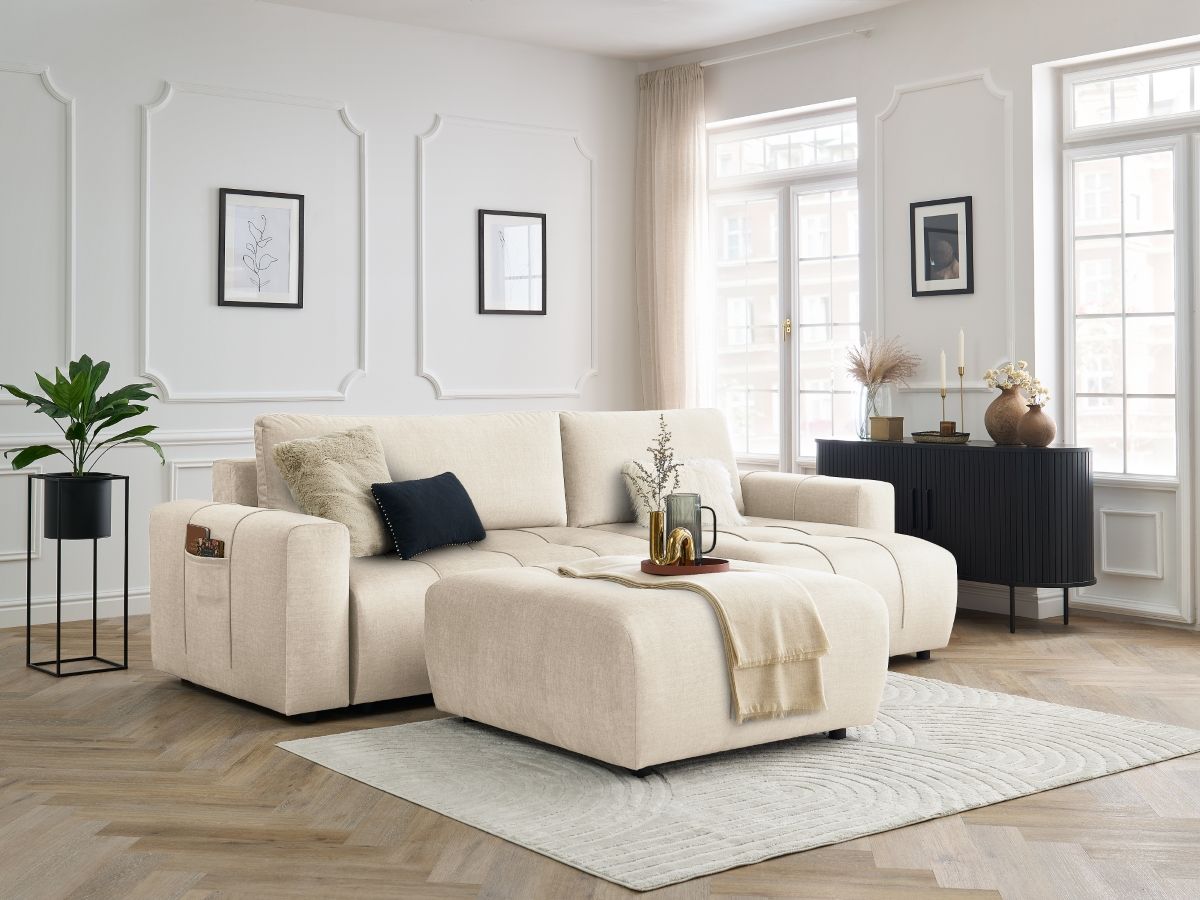 Bobochic Arsene Ecksofa mit Schlaffunktion und Bettkasten und Pouf 288 × 148 cm Samt Beige