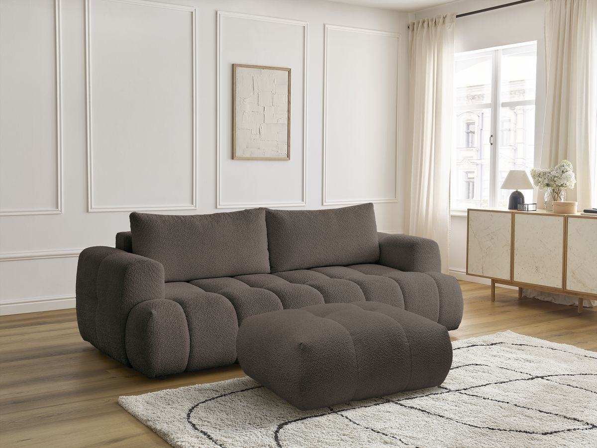 Bobochic Fuji Schlafsofa 3-Sitzer mit Bettkasten und Pouf Bouclé-Stoff Braun