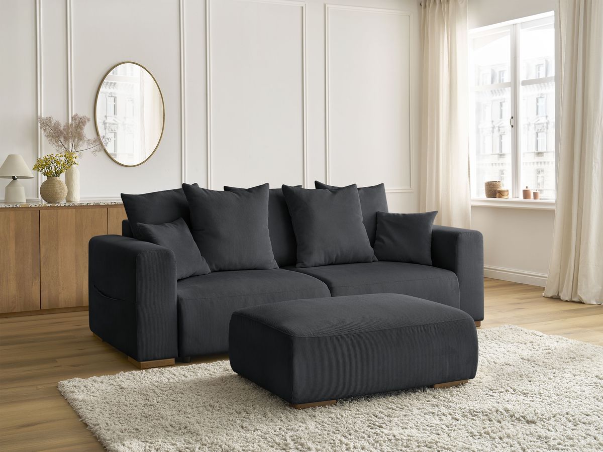 Bobochic Sidonie Schlafsofa 4-Sitzer mit Bettkasten und Pouf Cordsamt Schwarz
