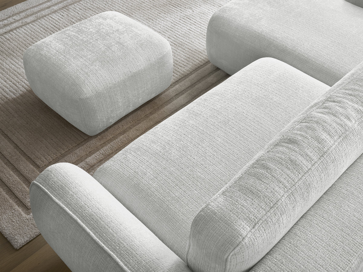 Bobochic Denise Ecksofa mit Schlaffunktion und Bettkasten und Pouf 258 × 160 cm Strukturstoff Hellgrau Ecke links