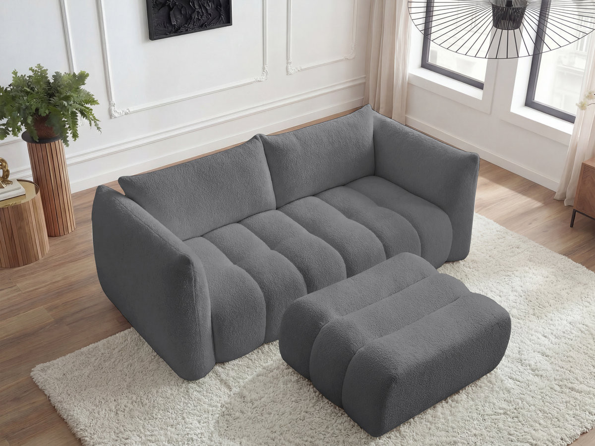 Bobochic Azra Sofa 3-Sitzer mit Pouf Bouclé-Stoff Dunkelgrau