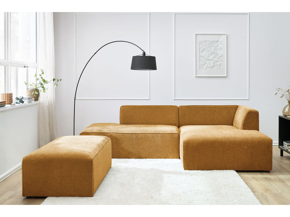 Bobochic Megeve Ecksofa mit Schlaffunktion und Pouf Strukturstoff Gelb Ecke rechts