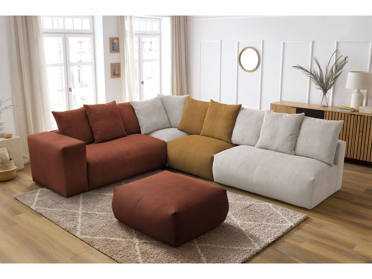 Bobochic Voltaire Ecksofa mit Pouf 322 × 268 cm Cordsamt Mehrfarbig Ecke links