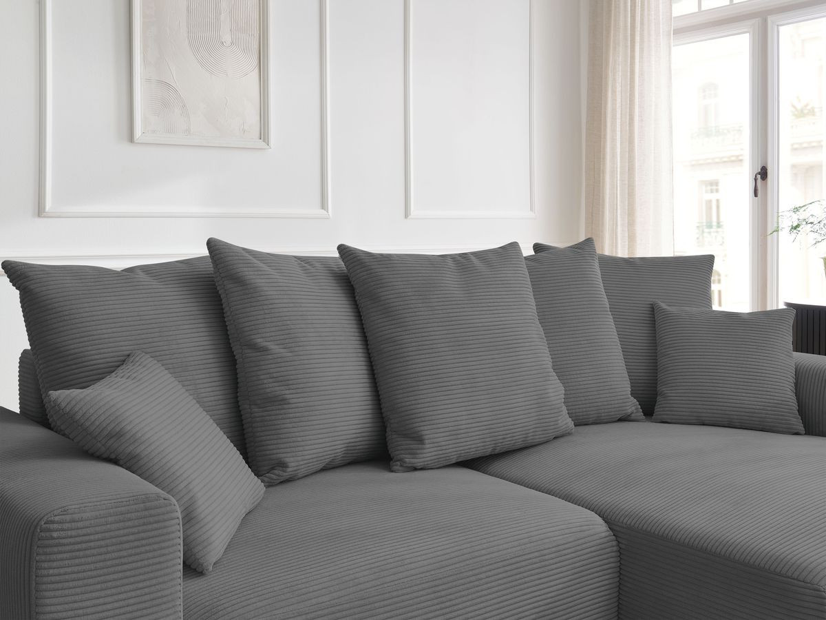 Bobochic Atilla Ecksofa mit Schlaffunktion und Bettkasten Cordsamt Dunkelgrau Ecke rechts