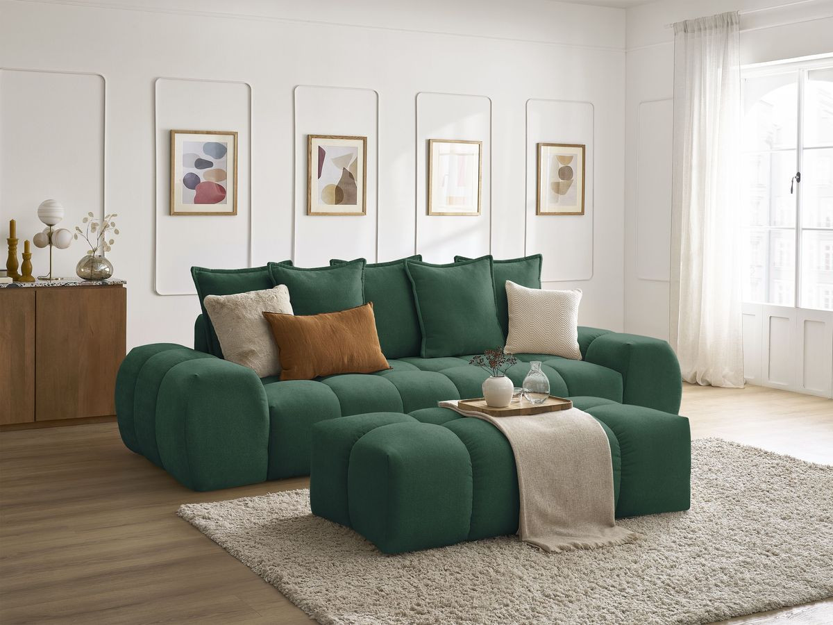 Bobochic Everest Schlafsofa 3-Sitzer mit Bettkasten und Pouf, 5 Kissen Strukturstoff Grün