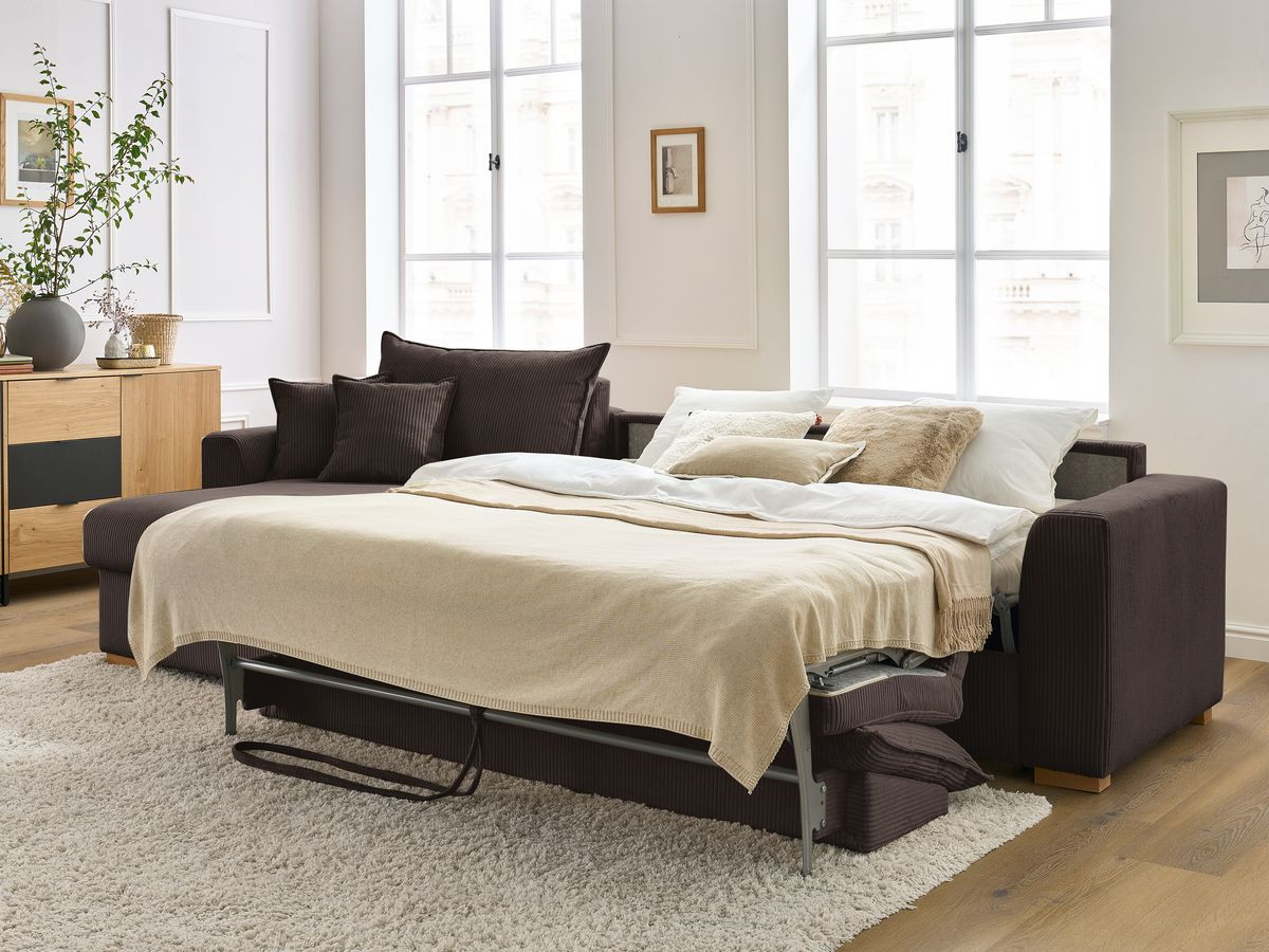 Bobochic Augustin Ecksofa mit Schlaffunktion und Bettkasten Cordsamt Braun, Liegefläche 160 × 200 cm