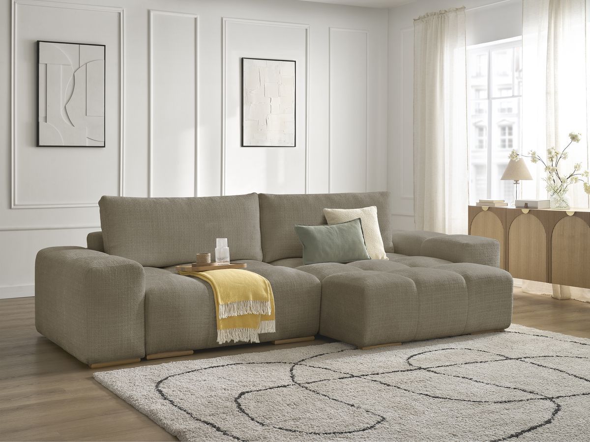 Bobochic Anakin Ecksofa mit Schlaffunktion und Bettkasten, 2 Kissen Strukturstoff Taupe
