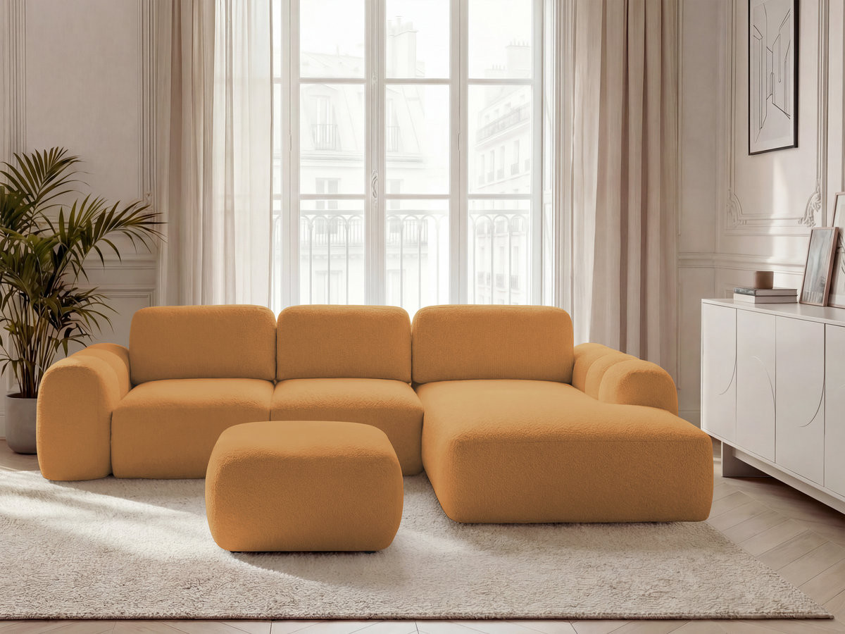 Bobochic Montaigne Ecksofa mit Schlaffunktion und Bettkasten und Pouf 288 × 196 cm Bouclé-Stoff Gelb Ecke rechts