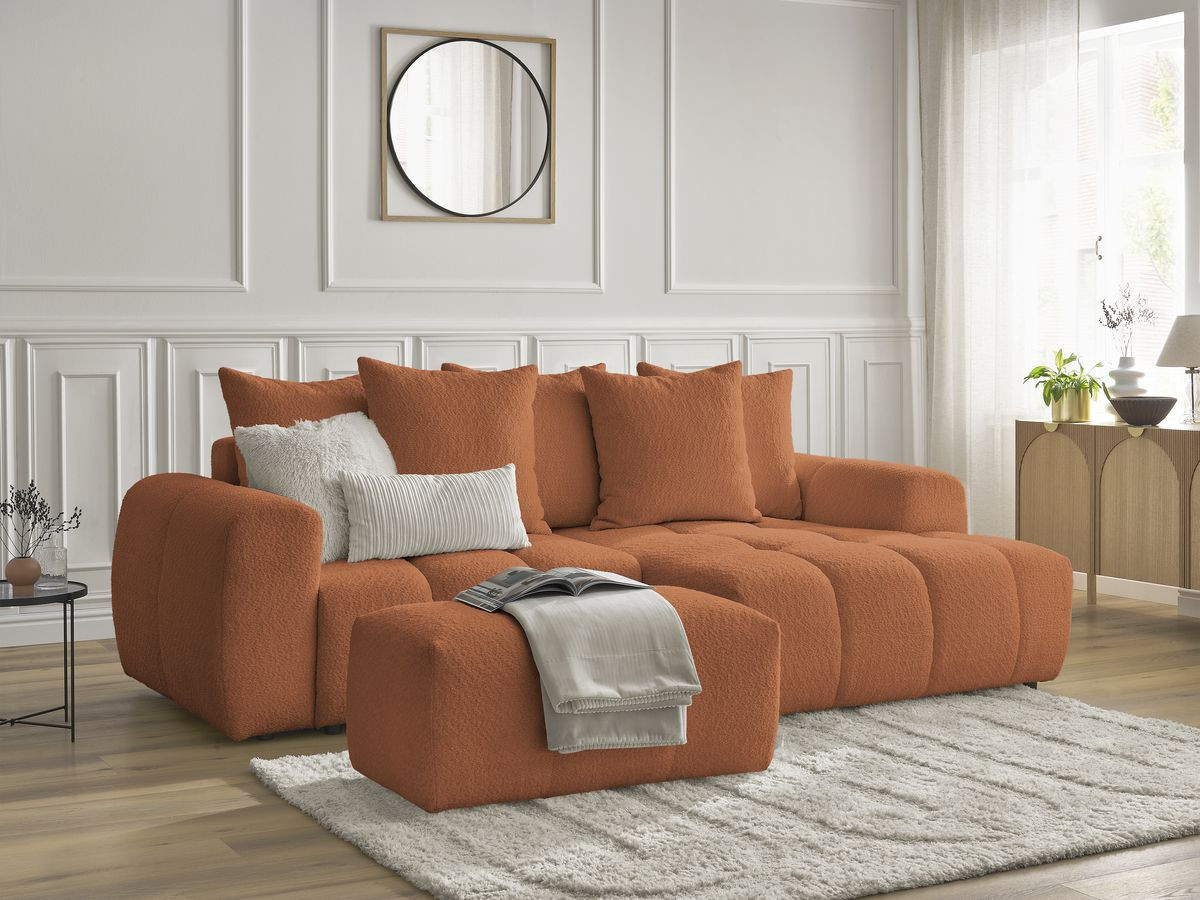 Bobochic Roxelane Ecksofa mit Schlaffunktion und Bettkasten und Pouf 258 × 150 cm Bouclé-Stoff Orange Ecke rechts