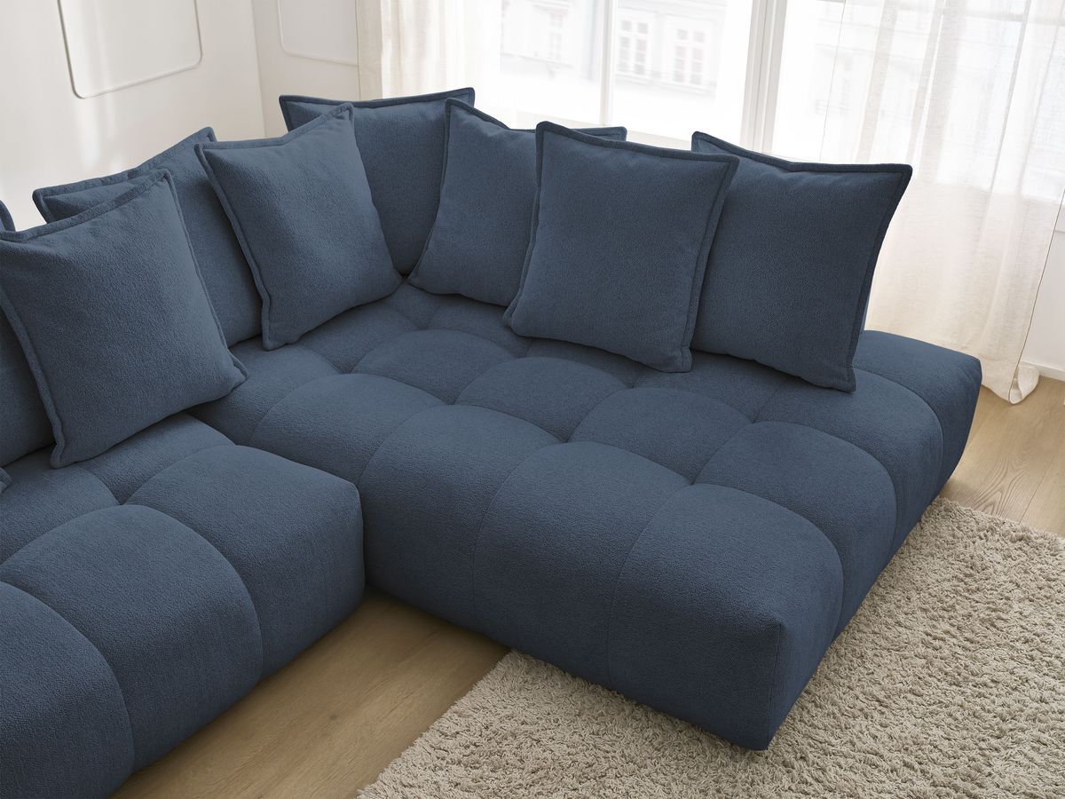 Bobochic Everest Ecksofa mit Schlaffunktion und Bettkasten 320 × 212 cm, 10 Kissen Melange-Stoff Dunkelblau Ecke rechts