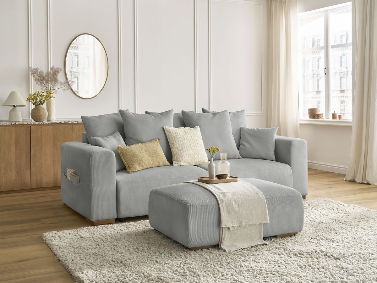 Bobochic Sidonie Schlafsofa 4-Sitzer mit Bettkasten und Pouf Cordsamt Hellgrau