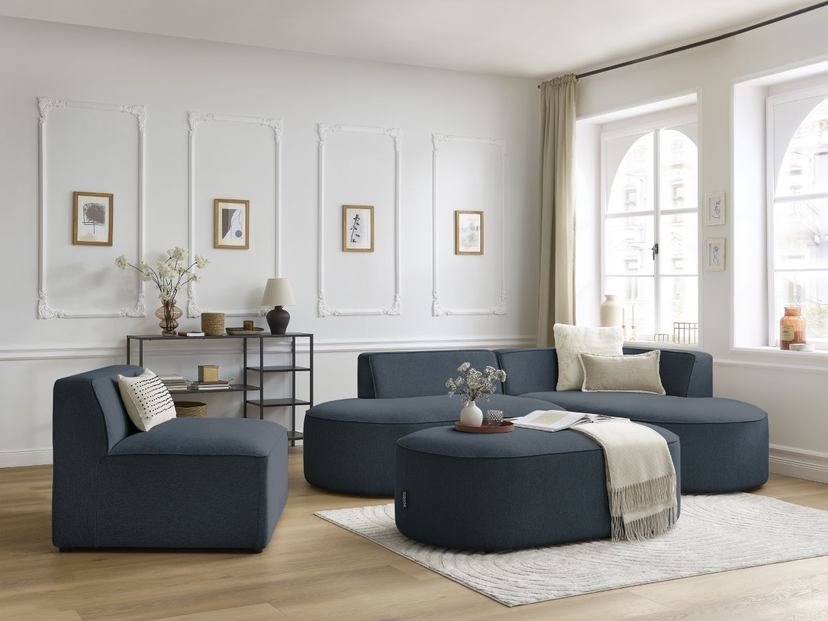 Bobochic Rousseau Ecksofa mit Sofamodul und Pouf Melange-Stoff Dunkelblau Ecke rechts