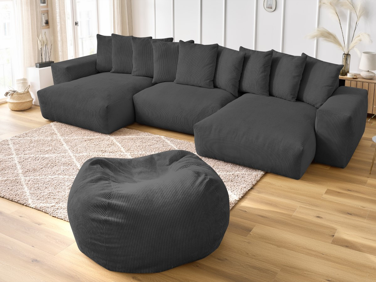 Bobochic Voltaire Wohnlandschaft mit Pouf 420 × 174 cm Cordsamt Dunkelgrau