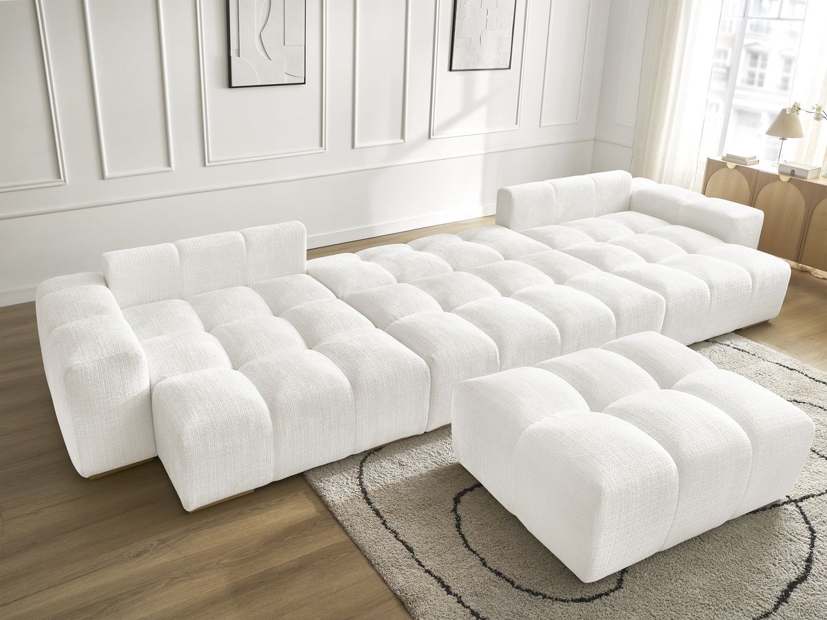 Bobochic Anakin Wohnlandschaft mit Pouf, Liegefläche 137 × 382 cm, 10 Kissen Strukturstoff Weiß