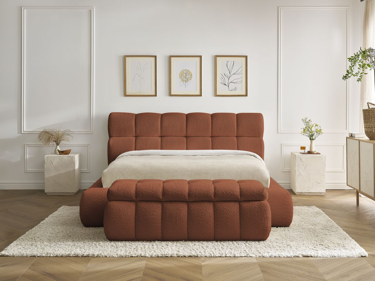 Bobochic Mont-blanc Polsterbett mit Bettkasten mit Bettbank Bouclé-Stoff Orange, Liegefläche 160 × 200 cm