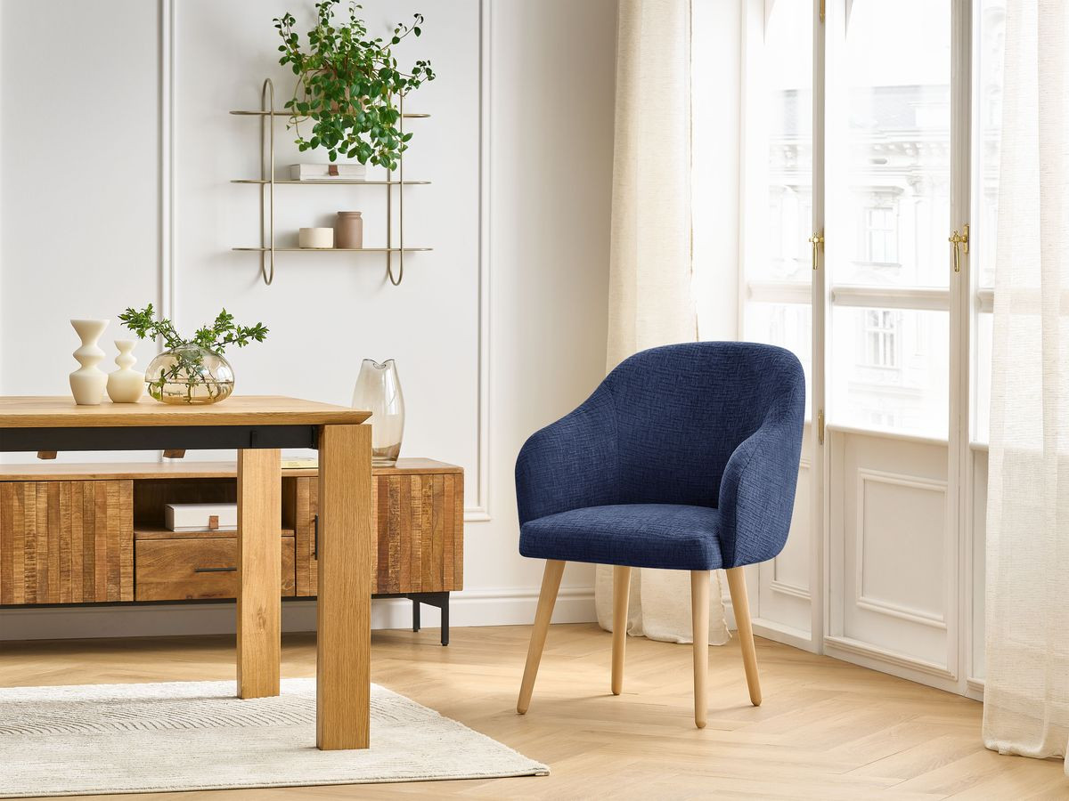 Bobochic Sophie Esszimmerstuhl mit skandinavischen Holzbeinen Strukturstoff Dunkelblau