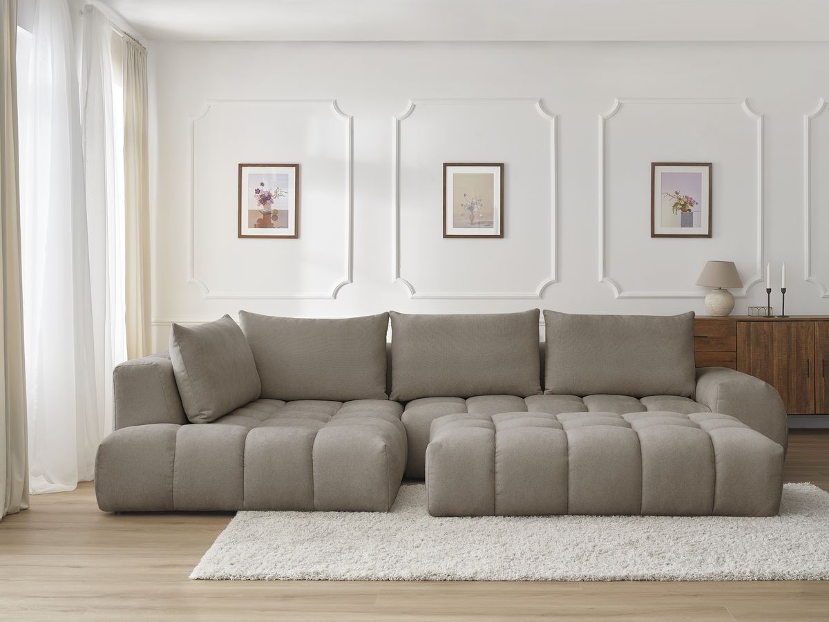 Bobochic Everest Ecksofa mit Schlaffunktion und Pouf, 4 Kissen Strukturstoff Taupe Ecke links