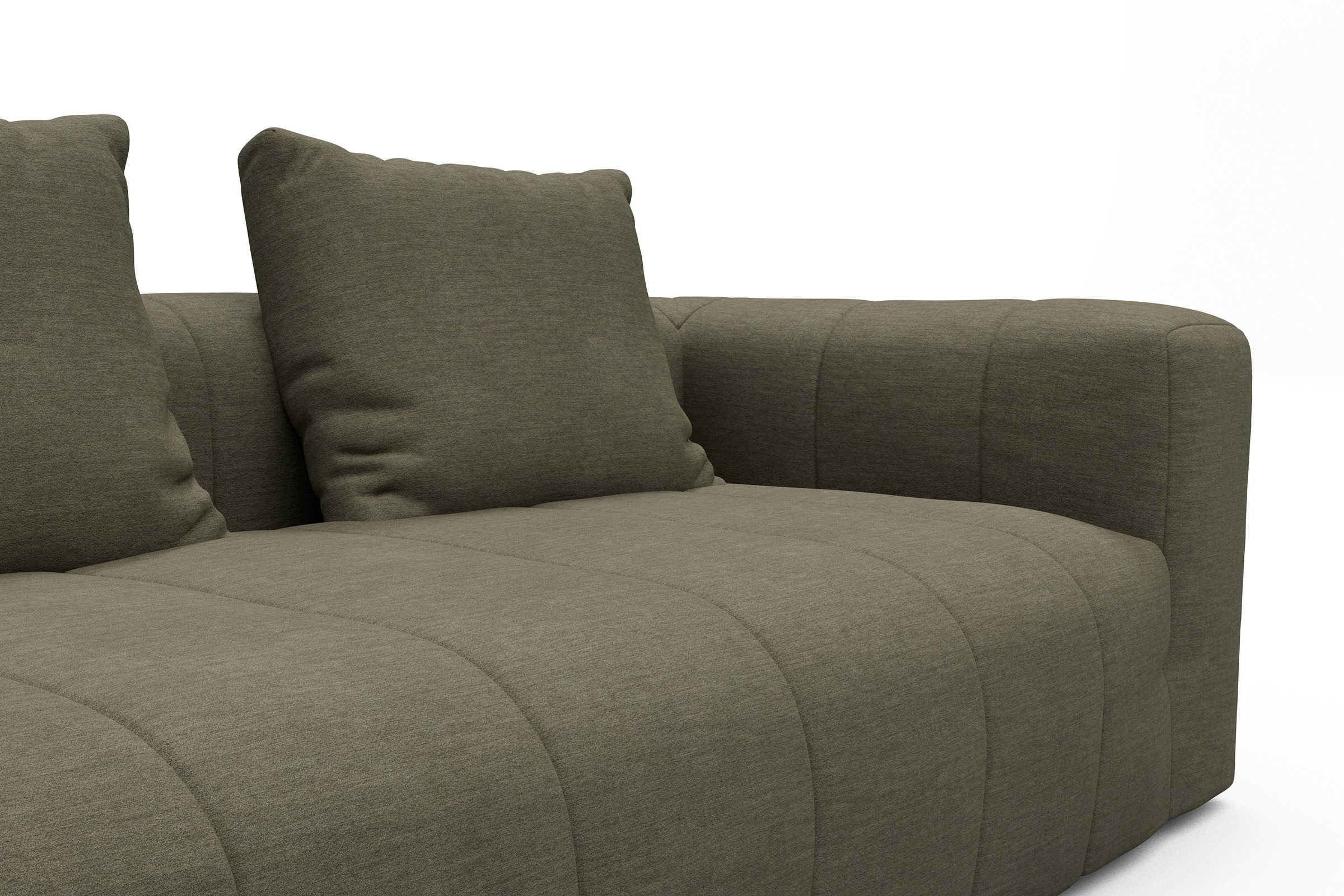 Ecksofa Hugo 2,5-Sitzer Armlehne rechts mit Chaiselongue Vivus-Dusty-Olive