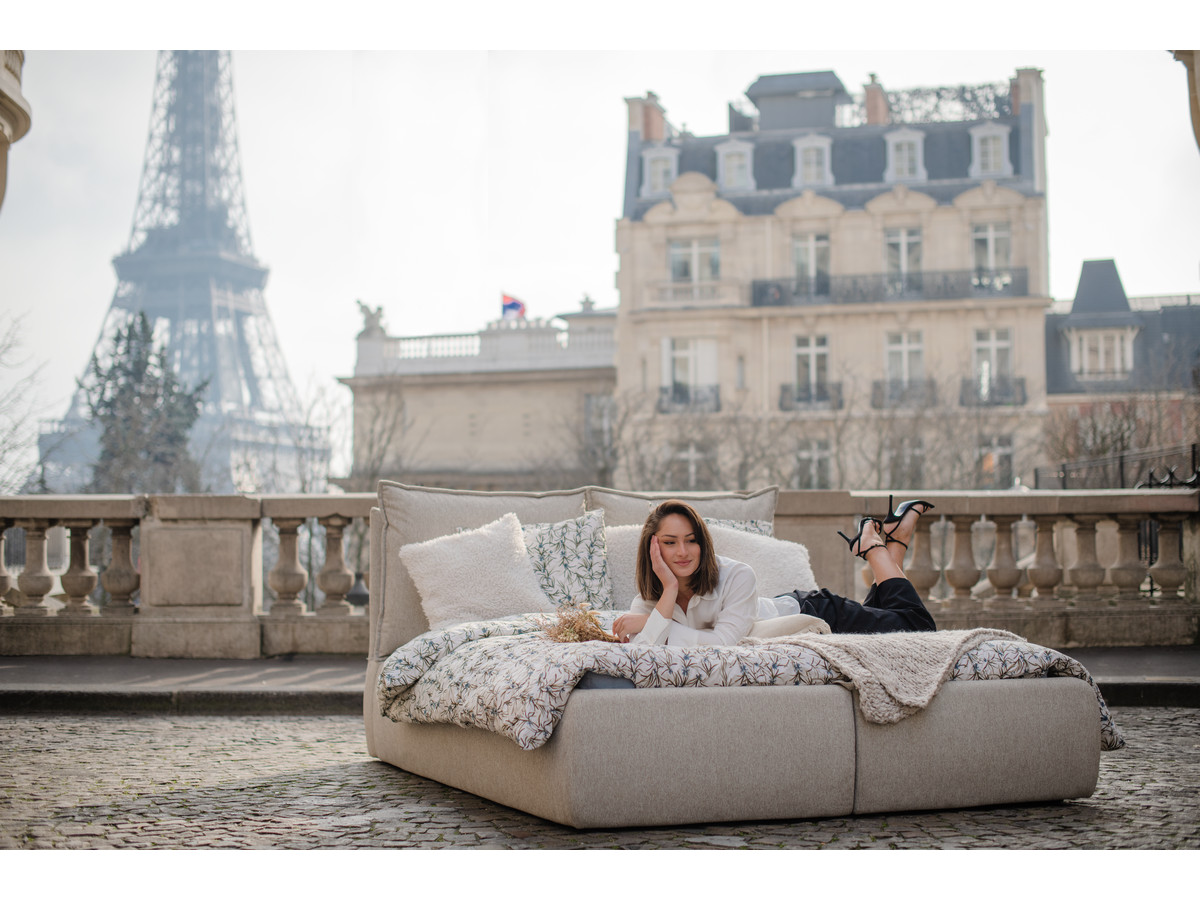 Bobochic Garance Polsterbett mit Bettkasten Stoff Beige, Liegefläche 140 × 190 cm
