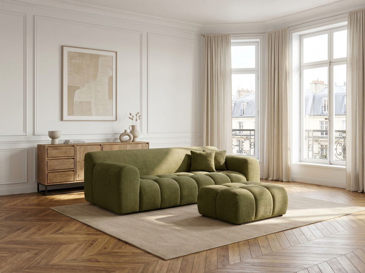 Bobochic Melisse Sofa 3-Sitzer mit Pouf Strukturstoff Grün