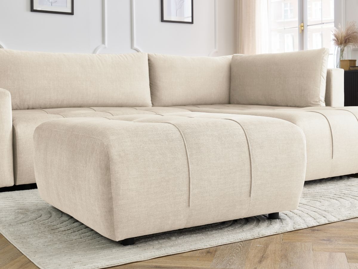 Bobochic Arsene Ecksofa mit Schlaffunktion und Bettkasten und Pouf 277 × 200 cm Samt Beige Ecke rechts
