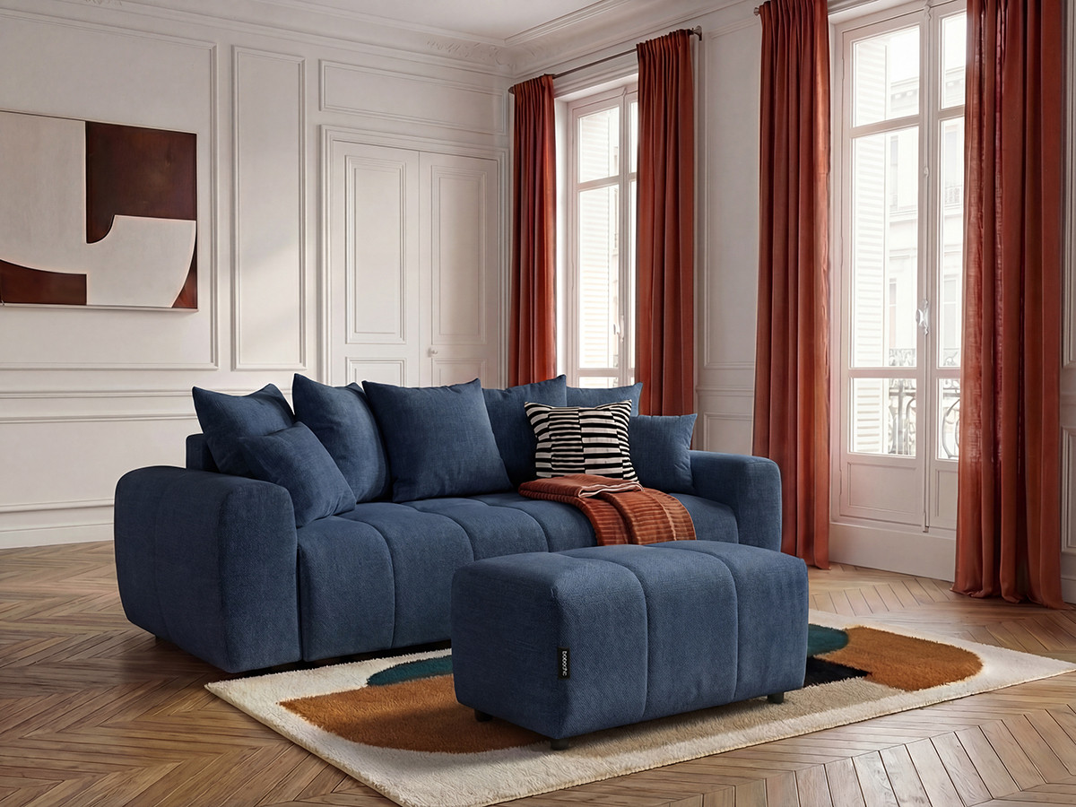 Bobochic Roxelane Schlafsofa 3-Sitzer mit Bettkasten und Pouf Melange-Stoff Dunkelblau