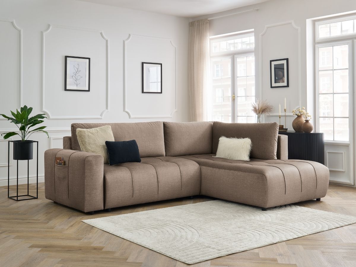Bobochic Arsene Ecksofa mit Schlaffunktion und Bettkasten 277 × 200 cm Samt Taupe Ecke rechts