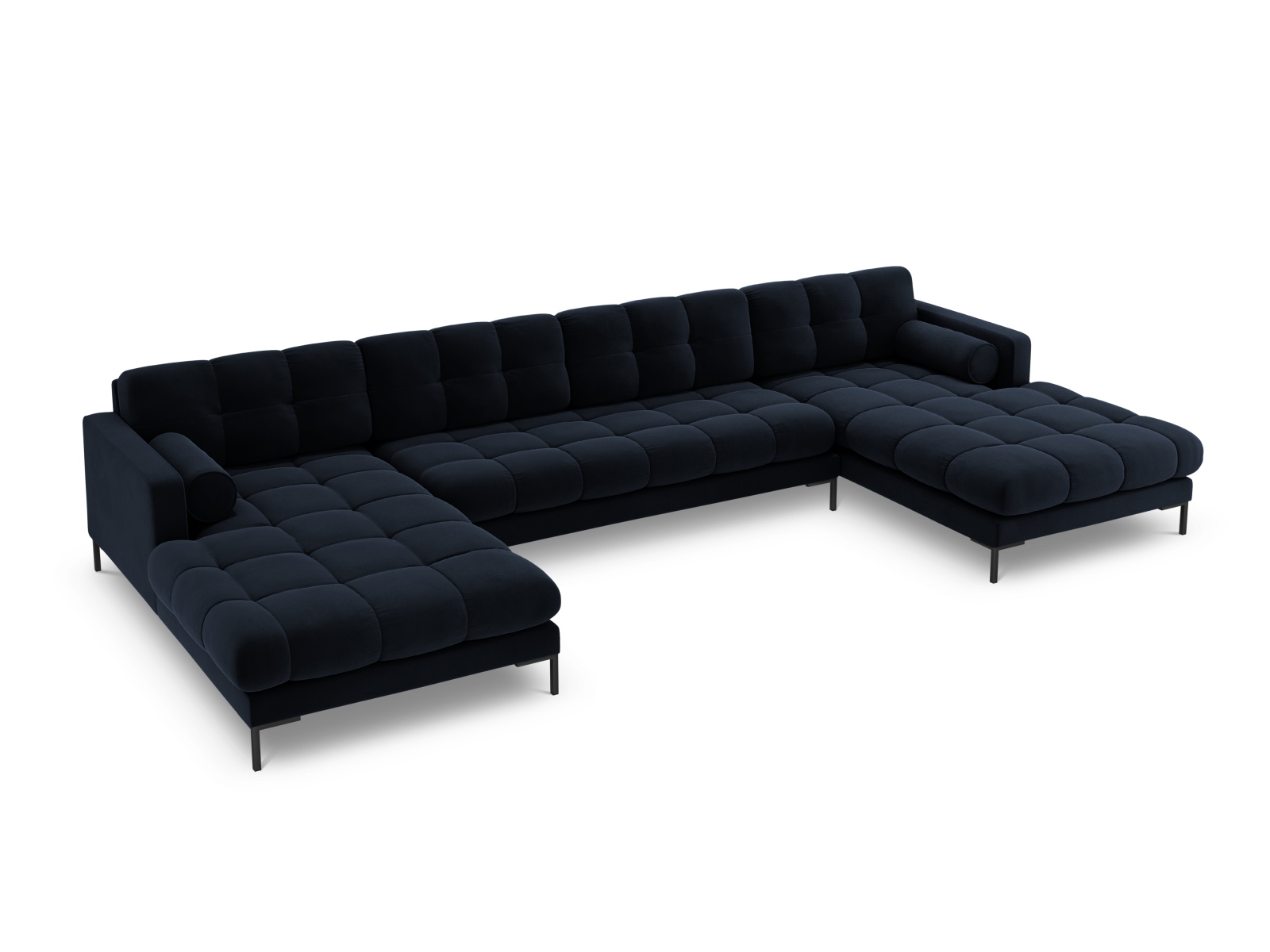 Cosmopolitan Design Panoramasofa Bali 7-Sitzer 383 cm Samt Bluvel Dunkelblau Beine Schwarzes Metall