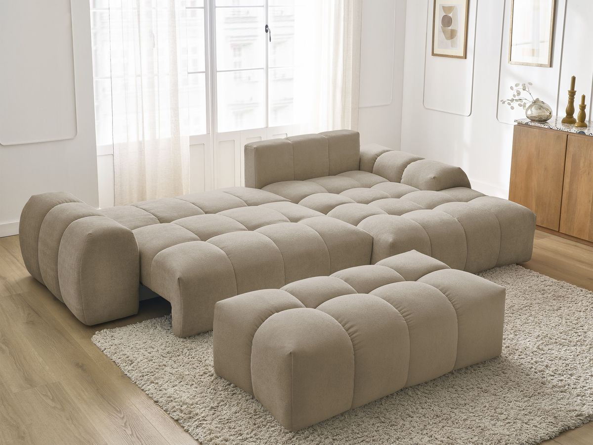 Bobochic Everest Ecksofa mit Schlaffunktion und Bettkasten und Pouf 318 × 180 cm, 3 Kissen Strukturstoff Taupe Ecke rechts